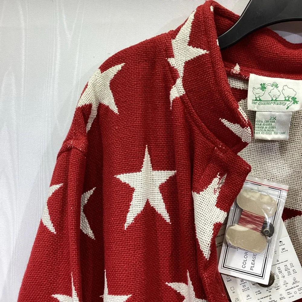 New Quacker Factory Red with White Stars Button Up Woven Jacket 2X Patriotic - Picture 5 of 13